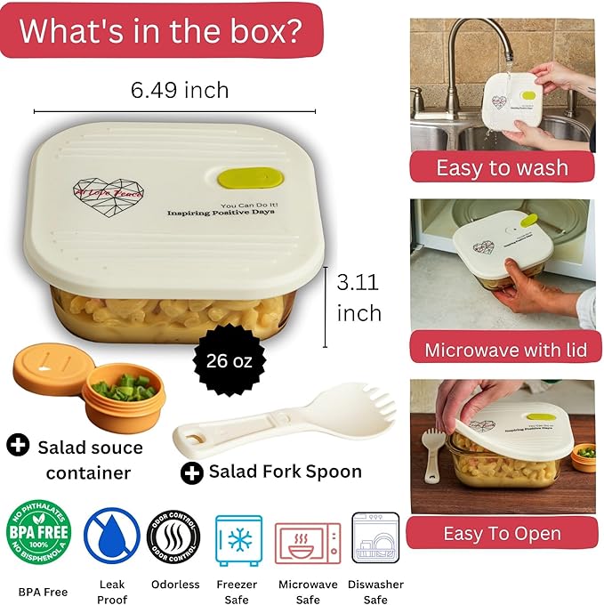 AI LOVE PEACE Glass Lunch Containers for Women Adults, Microwave Safe Glass Lunch Box,Leak Proof BPA-Free, Durable, Built-in Vent - Ideal for Meal Prep & On-the-Go Lunches (White)