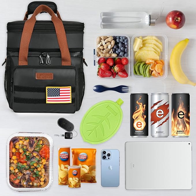 LOKASS Lunch Box for Men,16L Double Deck Expandable Insulated Lunch Bag for Women/Adults Thermal Large Waterproof Leakproof Lunchbox for Work with Shoulder Strap for Work, Camping, Picnic - Black