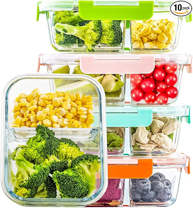 UMEIED Glass Meal Prep Containers 2 Compartment with Lids (5 Pack, 36oz), Divided Glass Storage Containers for Lunch at Work, Leak-Proof Portion Control Food Containers, Microwave/Dishwasher Safe