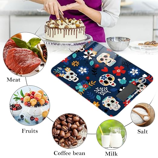 Food Scale Kitchen Digital Scale Food Ounces and Grams Dieting Baking Cooking Waterproof Glass Panels LCD Display,4 Units Scale Tare Function Some Blue Skull