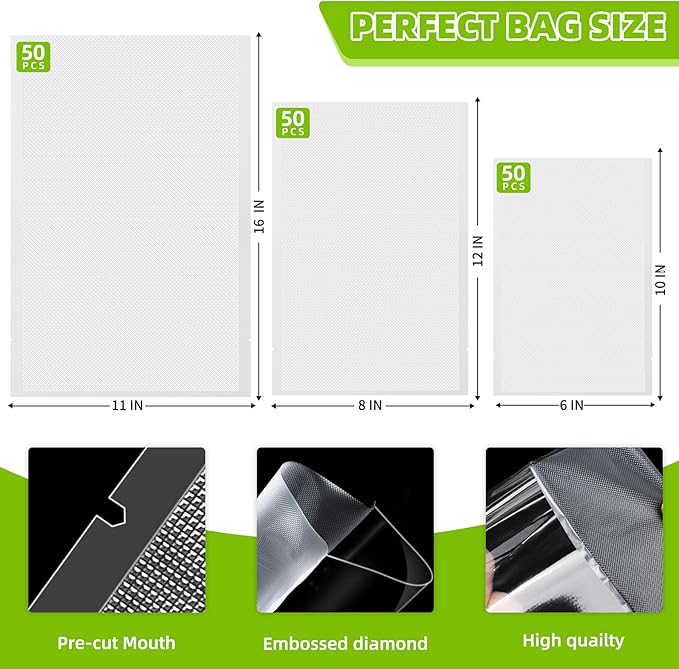 Vacuum Sealer Bags for Food Storage,Anti-Puncture 150Pack Gallon 11"x 16",8"x 12" & 6"x 10" Precut Food Vacuum Seal Saver Bags for Sous Vide,Meal Prep,Microwave,Commercial Heavy Duty Embossed,BPA-Free