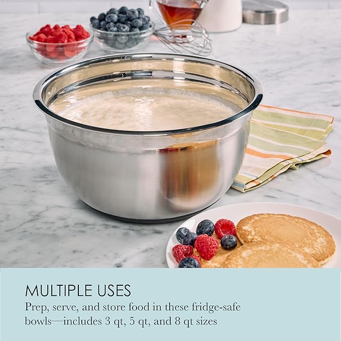 Chicago Metallic Stainless Steel Soft Base Bowls, Versatile Nesting Mixing Bowls for Every Kitchen Task, Set of 3