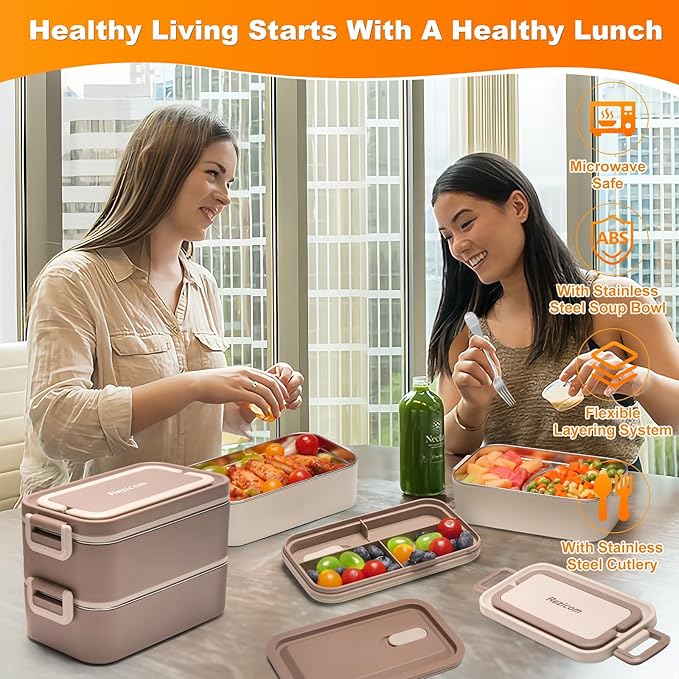 Stainless Steel Lunch Box for Kids and Adult, Two Layer 2 L Capacity Leak-Proof Bento Box for Kids, Lunch Containers for Women School Office with Stainless Steel Soup Bowl Spoon and Fork