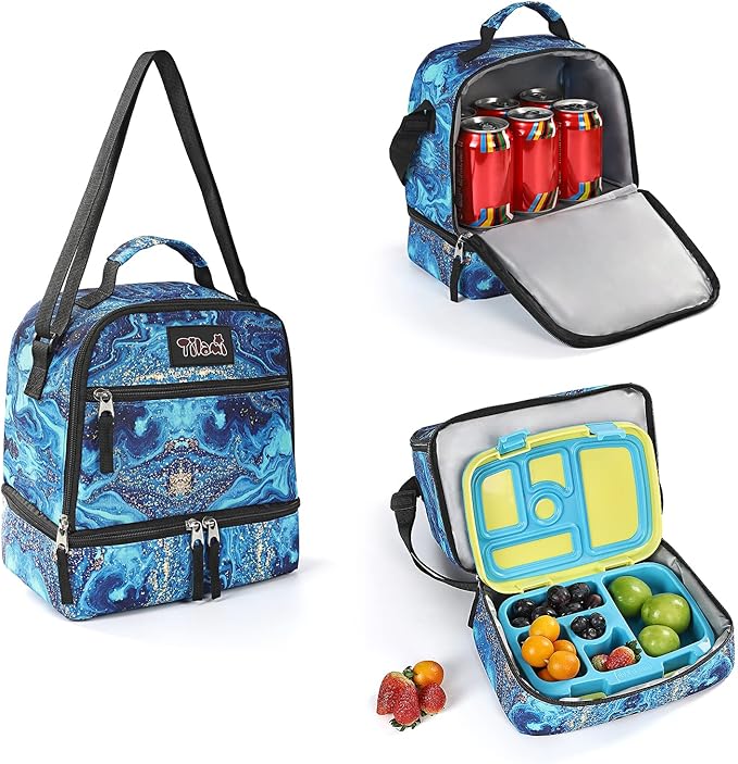 Tilami Lunch Bags Insulated Adjustable Strap Zipper, Water-Resistant Cooler Bags, Bento Bags for Kids Toddlers, Blue Wave