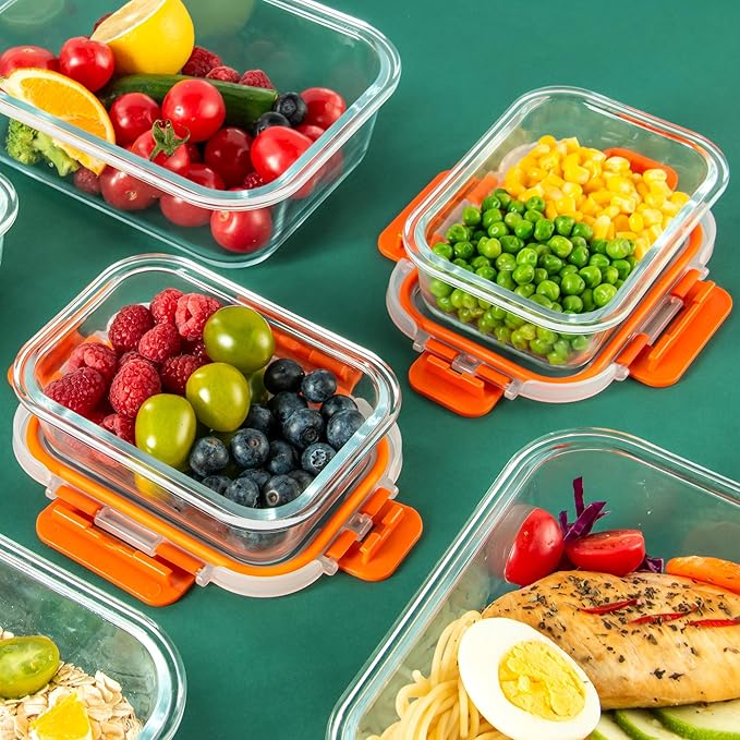 10 Pack Glass Food Storage Containers with Airtight Lids, Ideal for Meal Prep, Lunches - Microwave and Dishwasher Safe, Orange