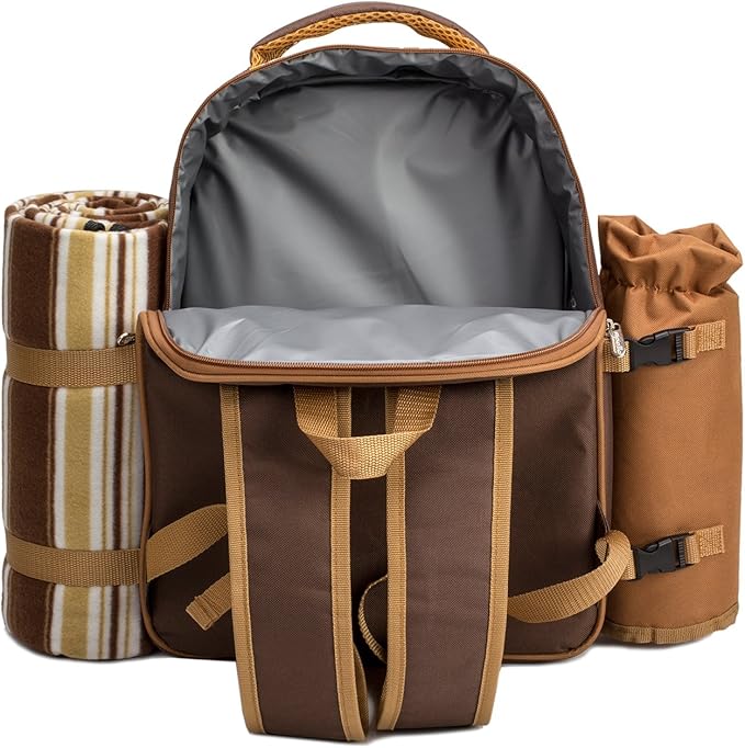 apollo walker Picnic Backpack Bag for 2 Person with Cooler Compartment, Detachable Bottle/Wine Holder, Fleece Blanket, Plates and Cutlery(2 Person, Brown)