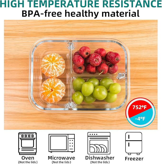 Glass Meal Prep Containers 3 Compartment with Lids (5 Pack, 36oz), Divided Glass Storage Containers for Lunch at Work, Leak-Proof Portion Control Food Containers, Microwave / Dishwasher Safe