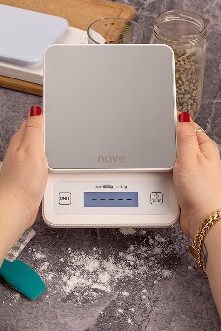 Nave Stainless Steel Kitchen Scale, Digital Food Scale Grams and Ounces for Baking, Cooking, Dieting and Meal Prep, with 5 Units Tare Function & LCD Display 0.05oz/1g