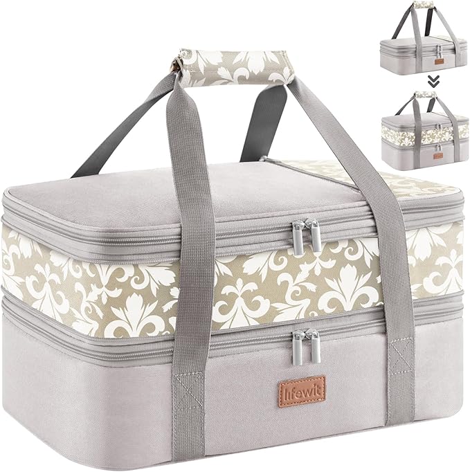 Lifewit Expandable Insulated Casserole Carrier for Hot or Cold Food, Double Decker Food Bag Lasagna Holder Carry Tote for Potluck Parties/Picnic/Cookouts, Fits 9"x13" Baking Dish, Grey-Flowers