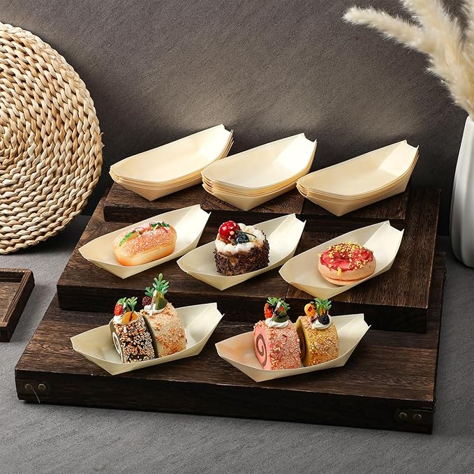 Hoolerry 1000 Pcs Disposable Wood Boat Plates Dishes 4 Inches Bamboo Plates Sushi Boat Disposable Bamboo Leaf Dish Serving Tray Food Container Wood Bowl For Catering Home
