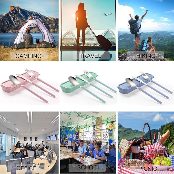 Portable Travel Utensils Set with Case ,18/8 Stainless Steel Silverware Sets with Colored Handle,Reusable Utensil Set Include Knife Fork and Spoon for Lunch Box and Camping (Pink&Blue-2 Sets)