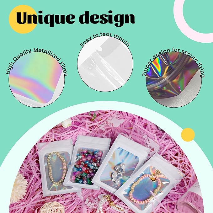 100 Pack Holographic Bags White Packaging Bags Mylar Bags with Window for Food Storage and Small Business(2.4×4Inch)