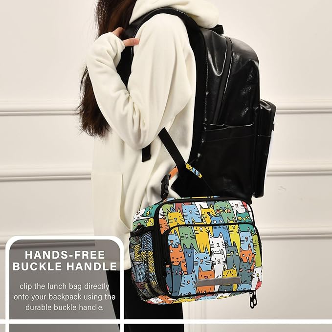 MNSRUU Student Lunch Bag Cute Cat Insulated DinnerTotes Picnic Bag Lunch Box with Adjustable Shoulder Strap for Teen Kids Adults