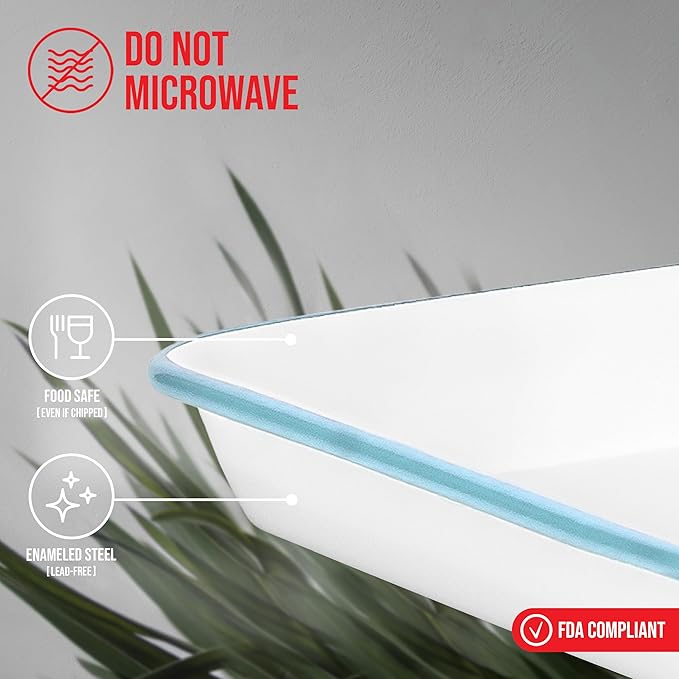 Red Co. 11" x 9" Enamelware Metal Classic 2 Quart Rectangular Serving Tray, Solid White/Teal Rim