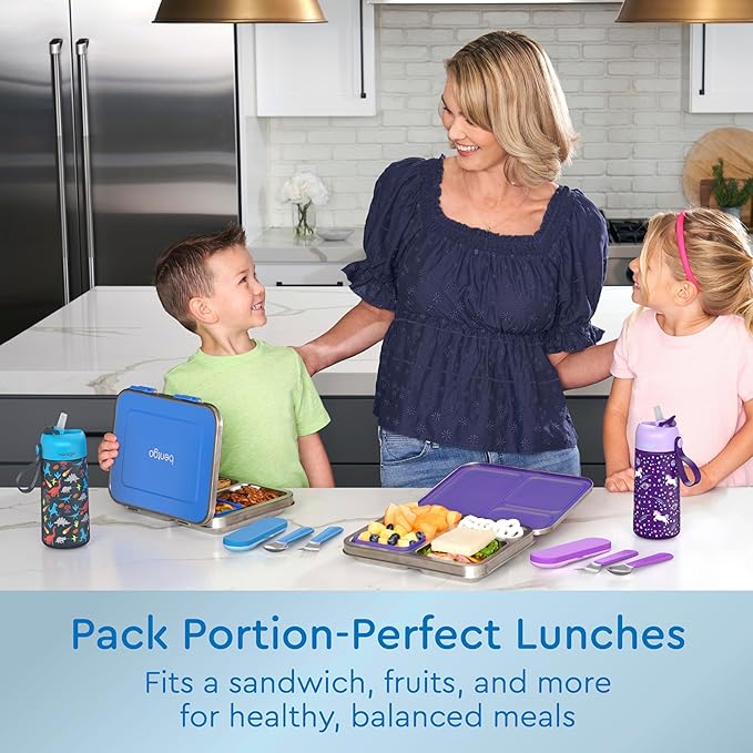 Bentgo Kids Stainless Steel Leak-Resistant Lunch Box - 3-Compartments with Bonus Silicone Container, Durable, Eco-Friendly, Dishwasher Safe, BPA-Free, Ideal for School, Ages 3+ (Blue)