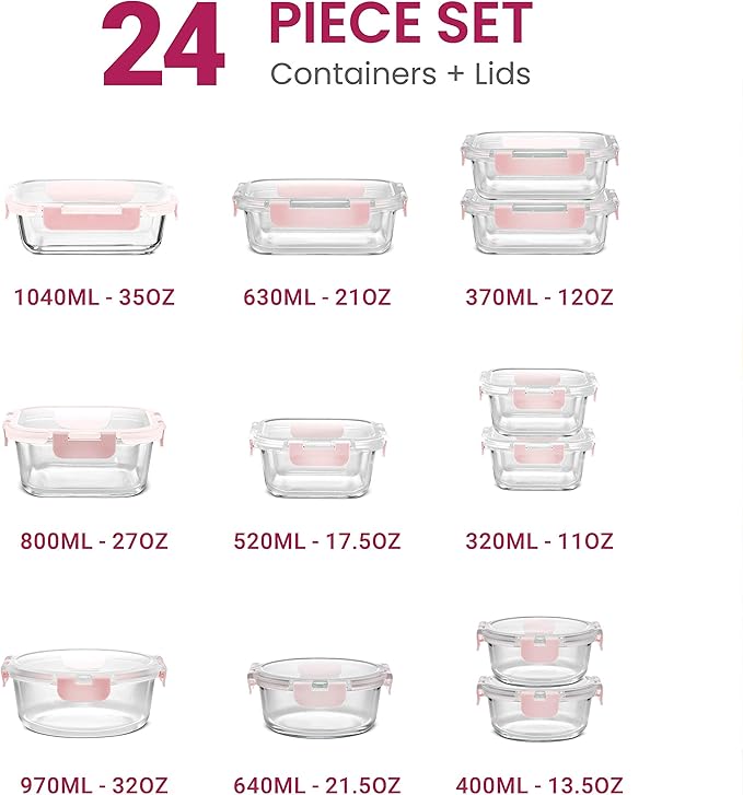 FineDine 24 Piece Glass Storage Containers with Lids - Leak Proof, Dishwasher Safe Glass Food Storage Containers for Meal Prep or Leftovers, Pink