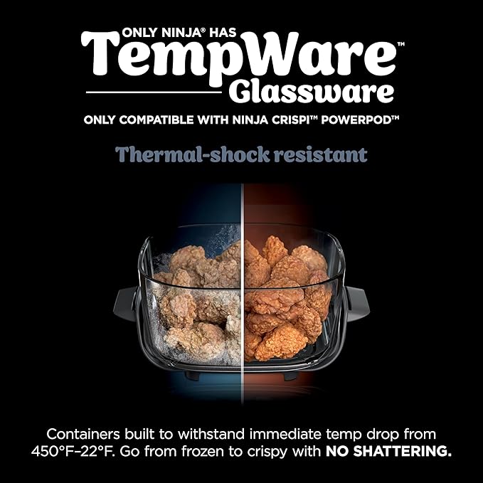 Ninja 6 Cup TempWare Glass Container with Leak-Proof Storage lid, Compatible Crispi Portable Cooking System, Microwave, Freezer and Dishwasher Safe, PFAS Free Glass Cooking Surface