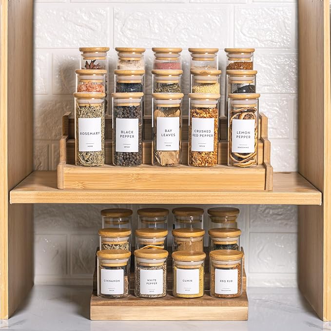 Laramaid 4oz 20Pack Spice Jars with Minimalist Spice Labels, Round Jar Canisters with Polished Bamboo Lids, Adjustable Measuring Spoon, Black Pen, Cleaning Brush & Collapsible Silicone Funnel