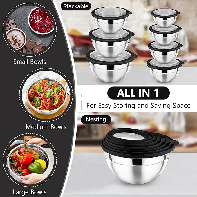 P&P CHEF Mixing Bowl with Lid Set, Stainless Steel Nesting Salad Bowls for Cooking Serving Prepping, Clear Lids & Stackable Design, Size 4.6, 3.5, 3, 2, 1.5, 1, 0.7 Qt - Black, Set of 7