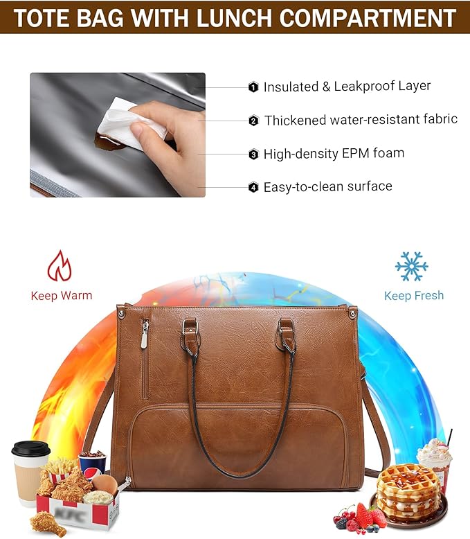Laptop Tote Bag with Insulated Lunch Compartment for Women Work, PU Leather Lunch Bag with 15.6 Inch Computer Compartment