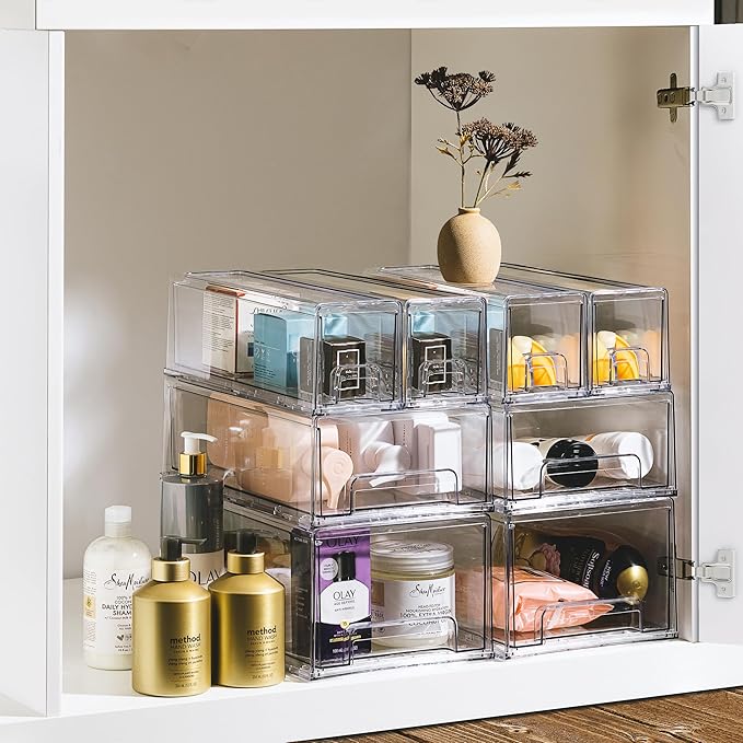 Sorbus Medium Clear Storage Drawers (4 Pack) – Stackable Organizer Drawers for Pantry, Kitchen, and Fridge – Pull-Out Acrylic Storage Bins with Handles