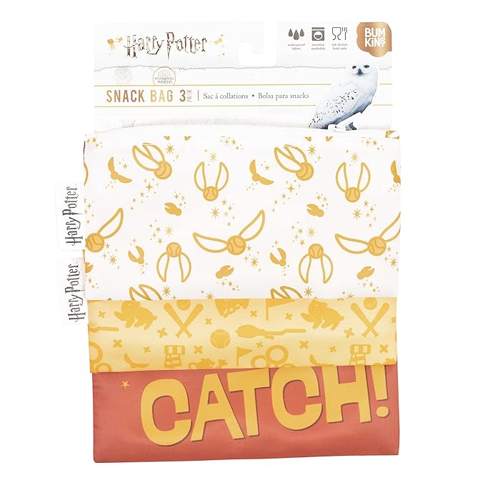 Bumkins Reusable Sandwich and Snack Bags, for Kids School Lunch and for Adults Portion, Washable Fabric, Waterproof Cloth Zip Bag, Travel Pouch, Food-Safe Storage, 3-pk Harry Potter Quidditch
