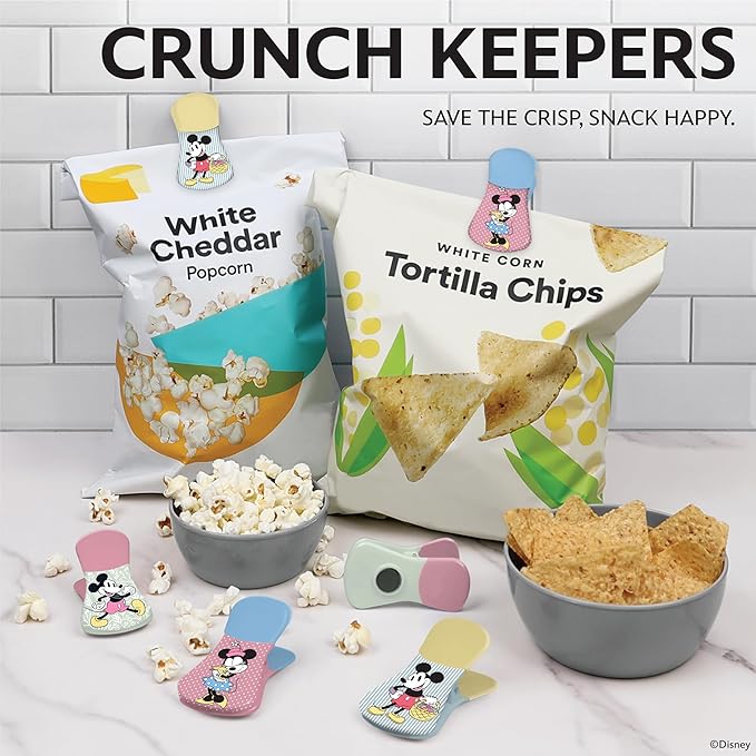 Disney Magnetic Chip Clips – Set of 6 Bag Clips for Food Storage - Mickey, Minnie, Lilo & Stitch, Winnie The Pooh – Durable Airtight Bag Chip Clips for Pantry & Fridge Use