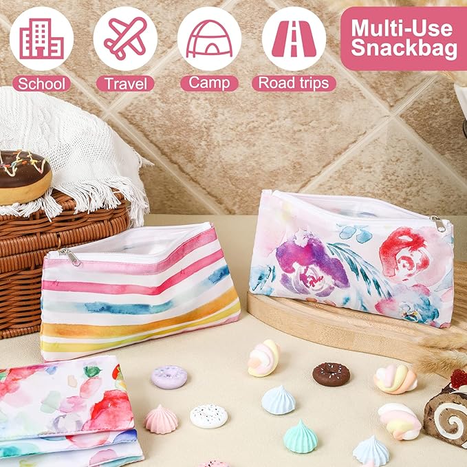 Lallisa 6 Pcs Watercolor Reusable Snack Bags Fabric Cloth Sandwich Bags for Kids, Cute Washable Lunch Pouch with Zipper Reusable Food Pouches