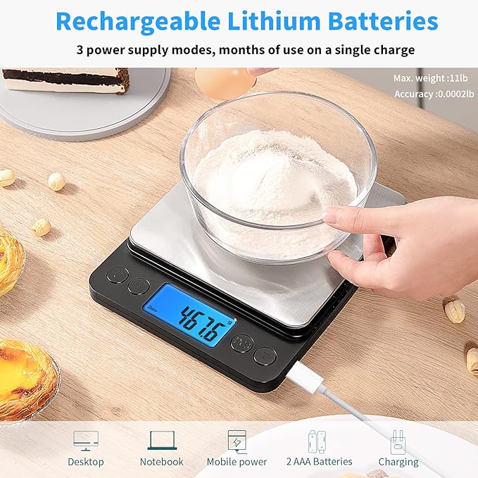 Upgraded Large Size Food Scale for Food Ounces and Grams, YONCON Kitchen Scales Digital Weight for Cooking, Baking, 5kg by 0.1g High Accurate Gram Scale with 2 Tray, Tare Function, LCD Display