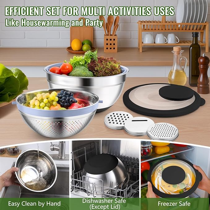 P&P CHEF 4-In-1 Stainless Steel Colander with Bowl Set, Rotatable Strainers for Kitchen, Fruit Cleaner, Washing Fruit & Draining Pasta, Mixing Bowl and Lid with Grater for Salad, Black