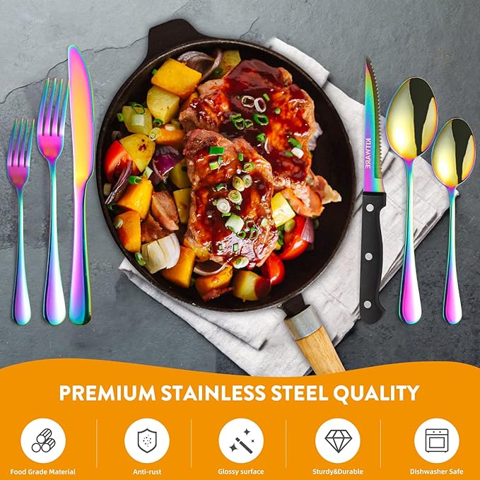 Rainbow Silverware with Organizer, 48 pcs Colorful Flatware for 8, Sleek Cutlery with Tray, Stainless Steel Utensil, Iridescent Fork Spoon Knife for Home & Kitchen Restaurant