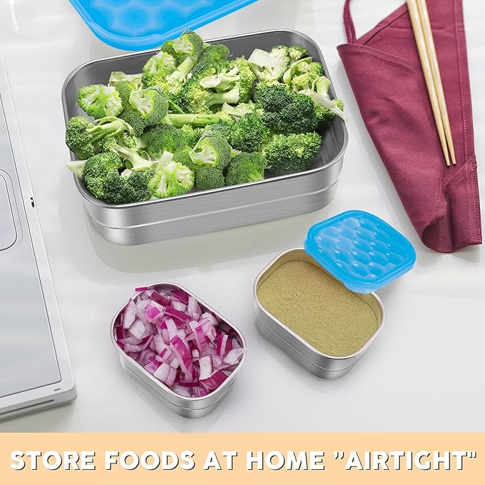 Small Stainless Steel Lunch Containers for Kids | Leak Proof Snack Containers with 100% Pure Silicone Lids - Perfect Metal Lunch Box with Lids for School and Daycare (25oz+8oz*2)