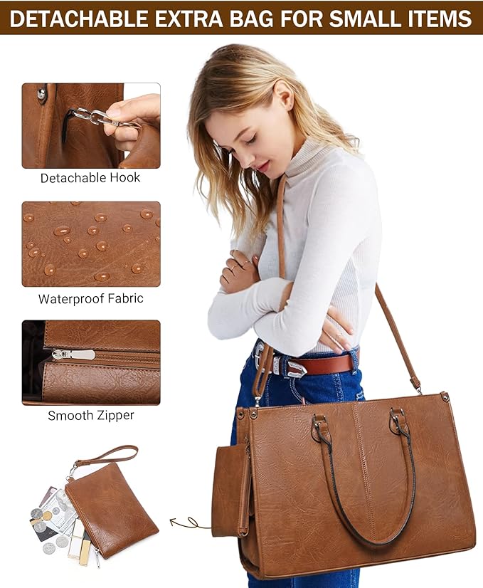 Laptop Tote Bag with Insulated Lunch Compartment for Women Work, PU Leather Lunch Bag with 15.6 Inch Computer Compartment