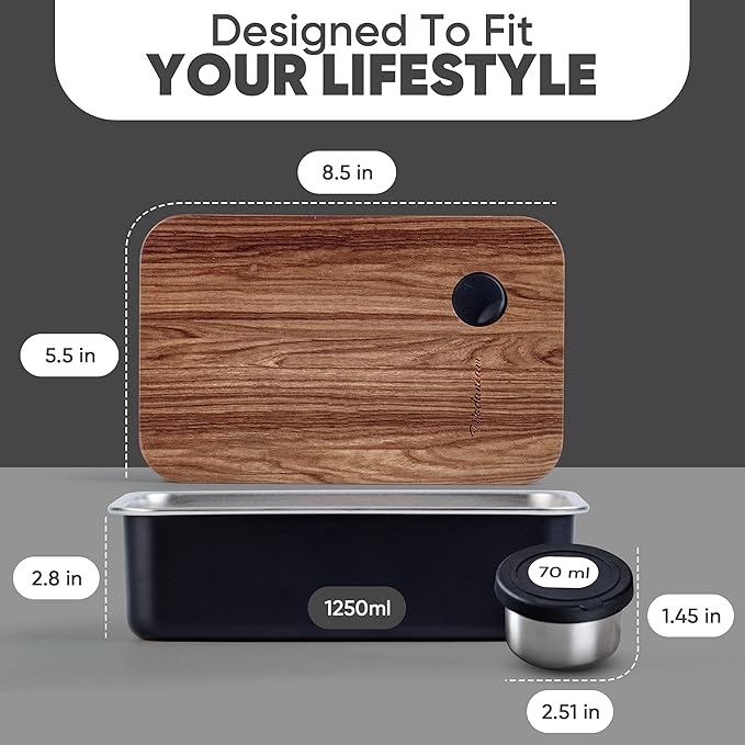 Leak Resistant Stainless Steel Bento Box For Adults|Stainless Steel Lunch Box for Adults |44Oz| BentoBox/Lunchbox| Lunch Container | Microwave Safe (Bottom container) |Bamboo Lid- Black