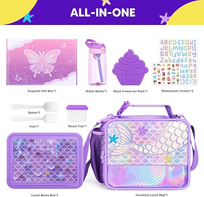 JYPS Mermaid Bento Box for Kids with Insulated Lunch Bag, Lunch box Set with kids water bottle,Sauce Container,Ice Pack,Utensils,Perfect Lunch Container for Girls and Toddlers Back to School Age 7-15