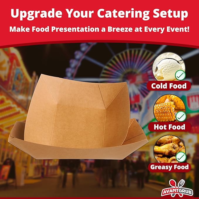 Eco Friendly, USA-Made 3lb Food Holder Trays 50 Pack. Compostable Kraft Paper Container for Diners, Concession Stands or Camping. Best Sturdy 3 Lb Disposable Party Snack Boat for Nachos, Tacos or BBQ