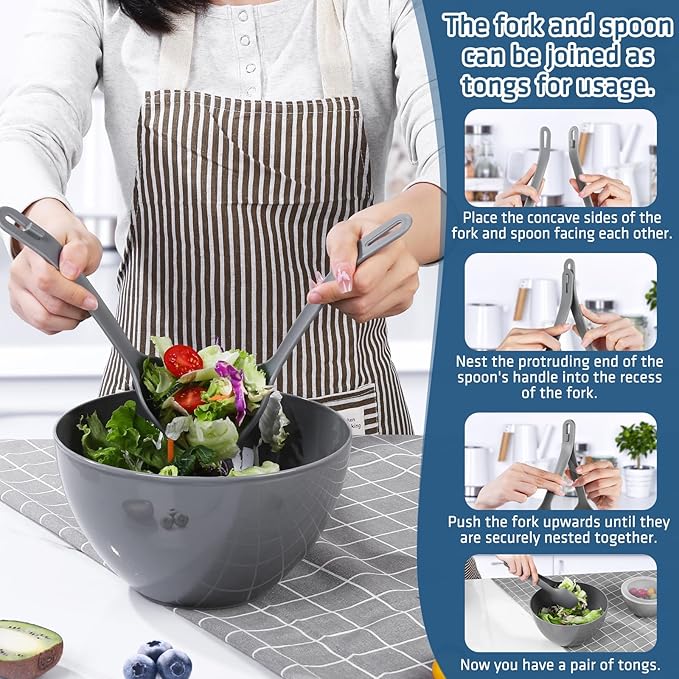 LUXEAR Mixing Bowls with Lids Set, 12 Pieces Plastic Nesting Bowls Includes 5 Prep Bowls, 5 Lids, 2 Cooking Spoons(Can Convert into Tongs), Microwave Dishwasher Safe for Mixing Serving Baking Storing