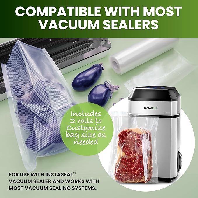 InstaSeal Vacuum Sealer Bags for Food, 1 Roll 8" x 20 Ft + 1 Roll 11" x 20 Ft + 30 Pre Cut Vacuum Seal Bags for Food, Works with MOST Vacuum Sealer Machines, Helps Keep Food Fresher Longer