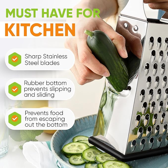 Spring Chef 4 Sided Large Box Grater with Handle & Stainless Steel Magnetic Measuring Cups & Spoons Set of 15 with Leveler, Multicolor- 2 Product Bundle