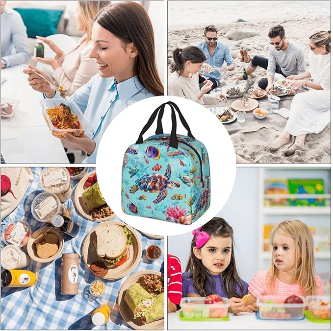 Blue Ocean Insulated Lunch Bag for Women Men Reusable Cooler Nautical Lunch Tote Bag with Front Pocket for Hiking Picnic Travel Office
