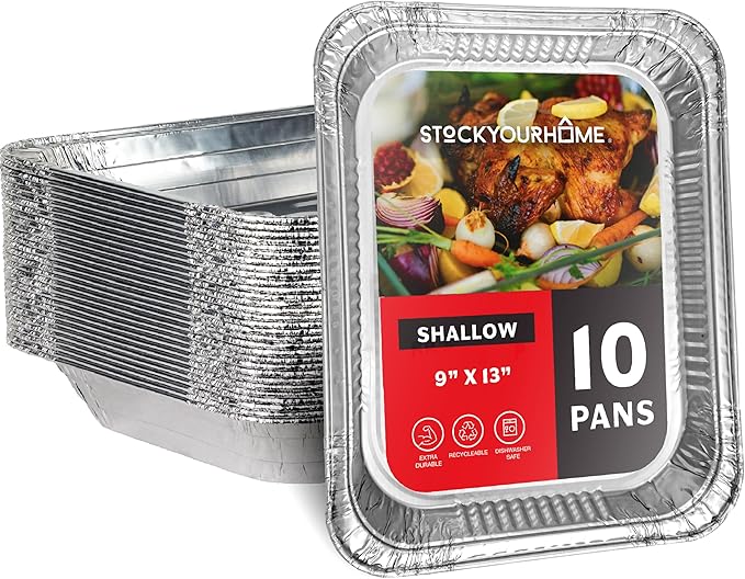 (10 Pack) Disposable Aluminum Pans 9x13 Shallow, Heavy Duty 1.75" Deep Foil Pans, Baking Tins, 13x9 Baking Pan for Cooking and Serving Cookies, Brownies, Sheet Cake, Cookie Sheets, Holiday Meal Prep