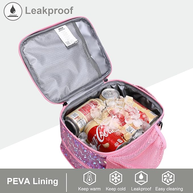 MIER Expandable Lunch Bag Insulated Lunch Box for Teen Girls Women to School Work Travel Portable Lunchbox Bags with Shoulder Strap and Water Bottle Holder(Pink)
