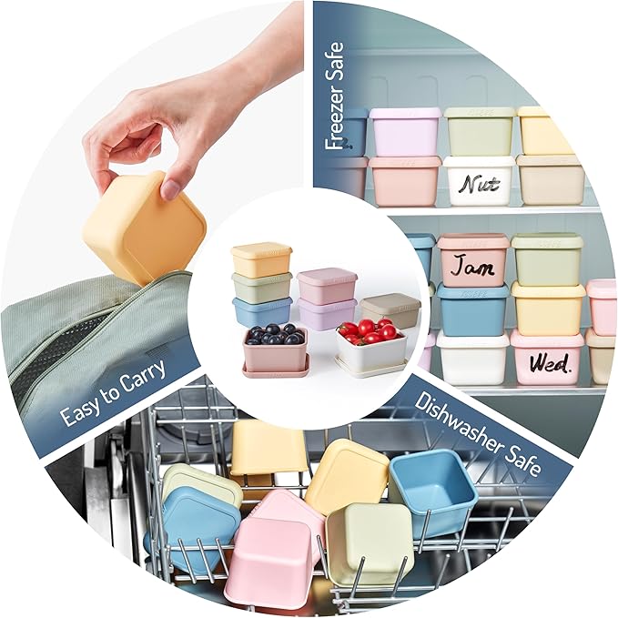 ISSEVE 8oz Silicone Snack Containers for Kids, 1 Cup Reusable Small Containers with Lids, Leak Proof Silicone Food Storage Containers, Kids Lunch Box for Daycare, School, Travel (8)