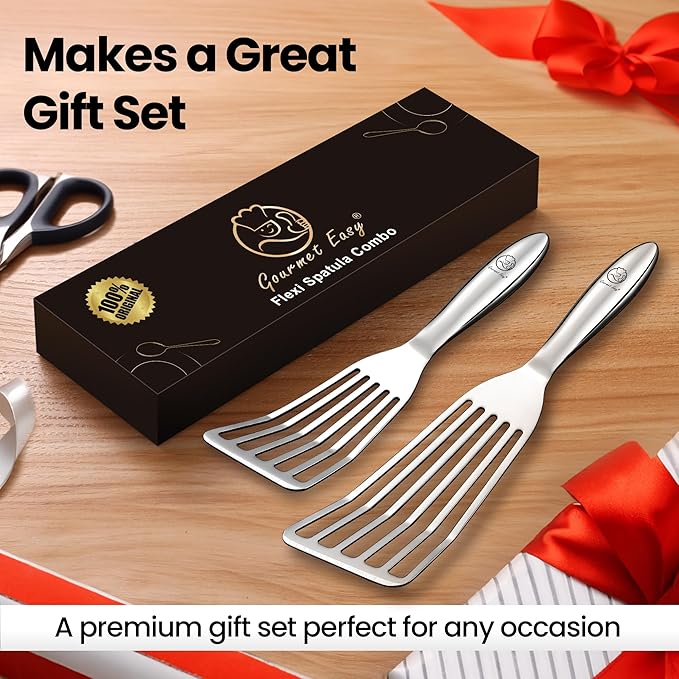 Stainless Steel Fish Spatula Set – 1 Large + 1 Small Metal Spatula for Kitchen, Perfect for Flipping Fish, Pancakes, Eggs & More, Slotted Design, Essential Stainless Steel Kitchen Utensils Set