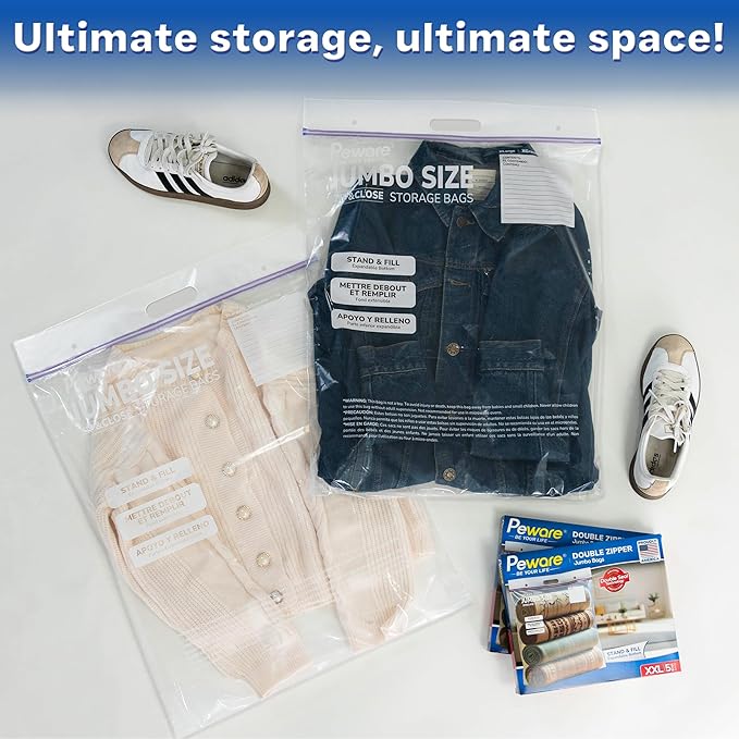 Jumbo Plastic Storage Bags, Extra Large 10Gallon Resealable Zipper Lock Seal Bags for Bedding, Clothes, Travel, and Food, Moving Totes, 20"x26", 5 Pack