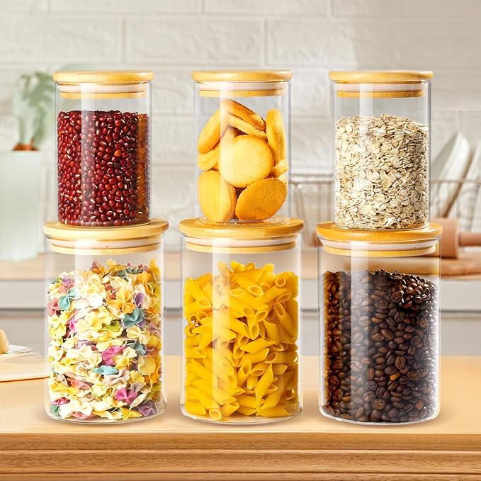 Glass Storage Containers with Bamboo Lids, Includes 3 Set of 20oz Overnight Oats Breakfast Jars, 3 Set of 40oz Food Storage Containers For Cookies Cereal Nuts Coffee Beans (Set of 6)