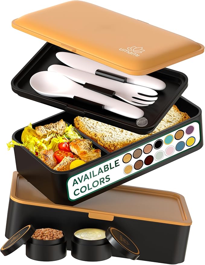 Umami Bento Box Adult All-in-1 w/ 4 Utensils, 100% Leakproof, Dishwasher & Microwave Safe Lunch Containers for Adults w/ 4 Compartments, Black & Gold, 40 oz