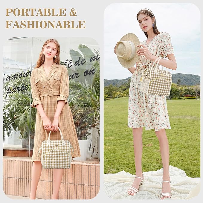 LOKASS Insulated Lunch Bag Women- Reusable 10 L Lunch Box for Women - Leakproof Tote Cooler Bag for Adults Work, Beach, Travel, Picnic (Brown&White Diamond Grid)