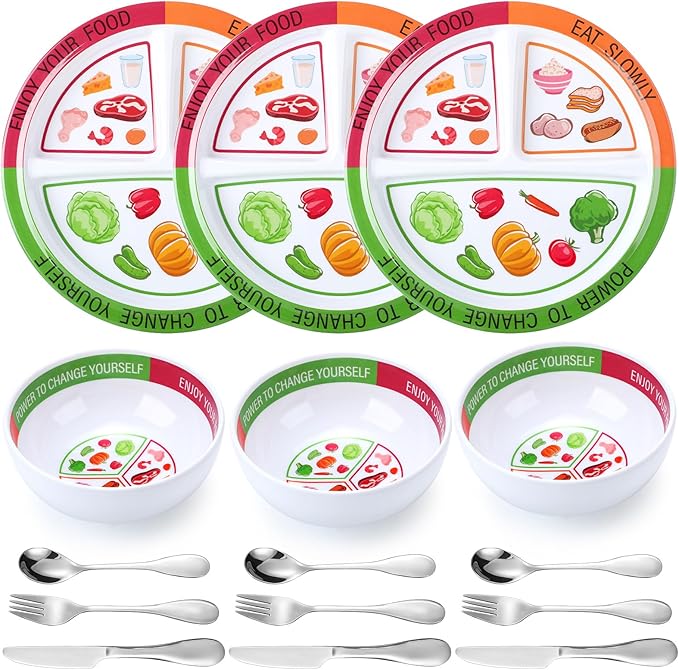 6 Pcs Bariatric Portion Control Set with 3 Bariatric Plates 3 Portion Control Bowls and Stainless Steel Flatwares for Adults Diet Balanced Eating Weight Loss Serving Plans (Colorful)