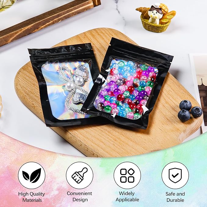 100 Pcs Holographic Bags Black Mylar Bags with Clear Window Packaging Bags for Food Storage Sealable Bags for Small Business(3×5Inch)